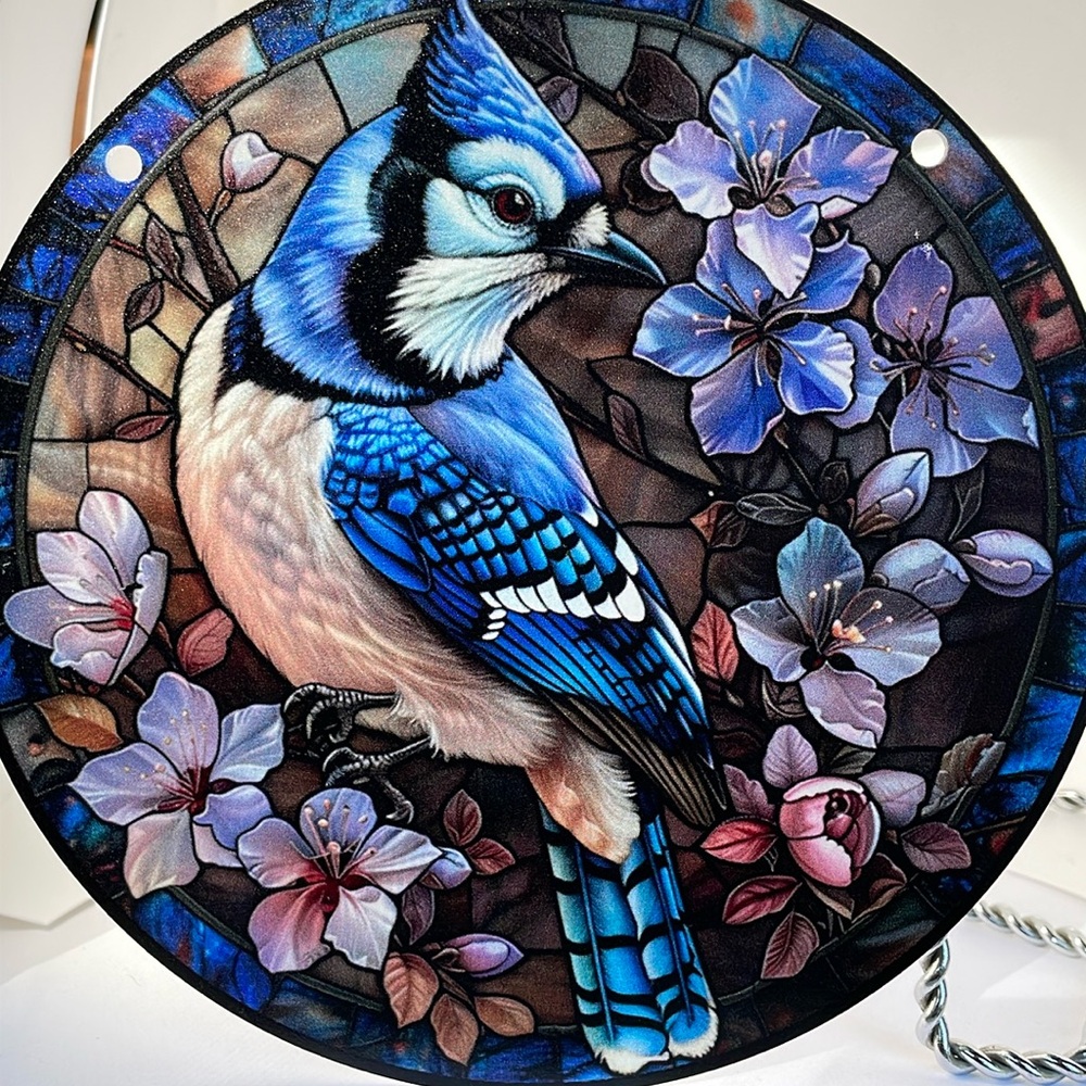 Suncatcher Decorative Blue Jay Bird Acrylic Purple Floral Design 6” Gift Idea